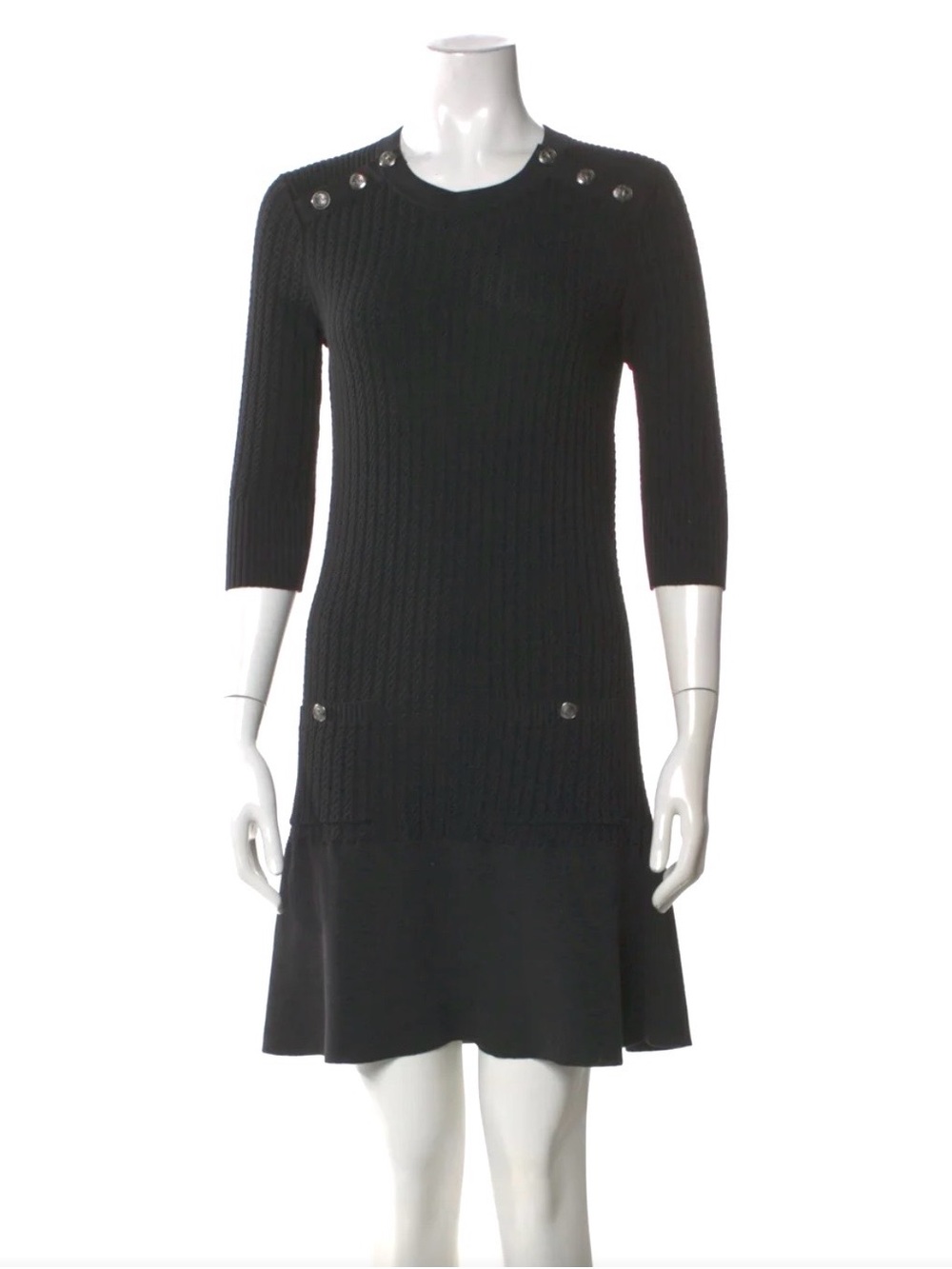 CHANEL Black Rib-Knit Mini Dress with Button Details